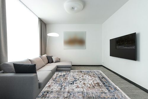 8x10 Area Rugs for Living Room: Washable Rugs Carpet for Living Room with Non-Slip Backing Non-Shedding Stain Resistant, Boho Floral Large Rugs for Dining Room Nursery Home Office (Blue Multi) in Modern Living Room with Grey Couch