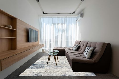 Area Rug Living Room Rugs - 8x10 Abstract Large Soft Indoor Washable Rug Neutral Modern Low Pile Carpet for Bedroom Dining Room Farmhouse Home Office - Beige Blue in Grey Living Room with Brown Couch