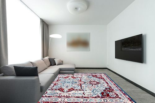 SAFAVIEH Brentwood Collection 8' x 10' Ivory/Red BNT852E Medallion Distressed Non-Shedding Living Room Dining Bedroom Area Rug in Modern Living Room with Grey Couch