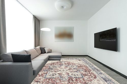 Area Rug Living Room Rugs - 9x12 Washable Boho Rug Vintage Oriental Distressed Farmhouse Small Thin Indoor Carpet for Living Room Bedroom Under Dining Table Home Office - Red Blue in Modern Living Room with Grey Couch
