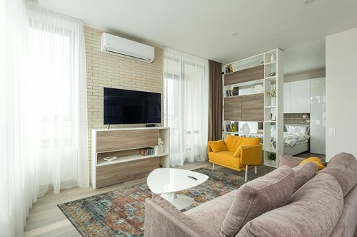 Loloi II Skye SKY-07 Terracotta / Sky Area Rug 6' x 9' in Light Modern Living Room with TV