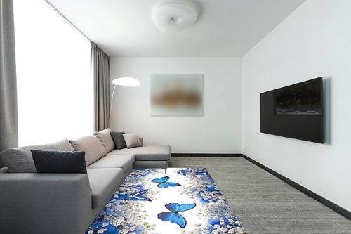 Butterfly Design Area Rug,5x8ft, Beautiful White Flowers and Blue Butterflies Pattern Rugs Retro Machine Washable Big Carpets for Living Room Boys Girls Bedroom Bathroom Dorm Playroom Art Decor in Modern Living Room with Grey Couch