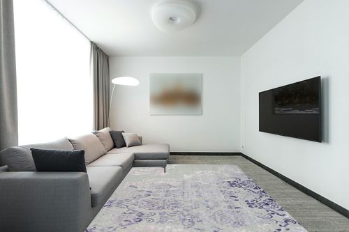 SAFAVIEH Tibetan Collection Area Rug - 8' x 10', Beige & Purple, Hand-Knotted Viscose, Ideal for High Traffic Areas in Living Room, Bedroom (TB959C) in Modern Living Room with Grey Couch