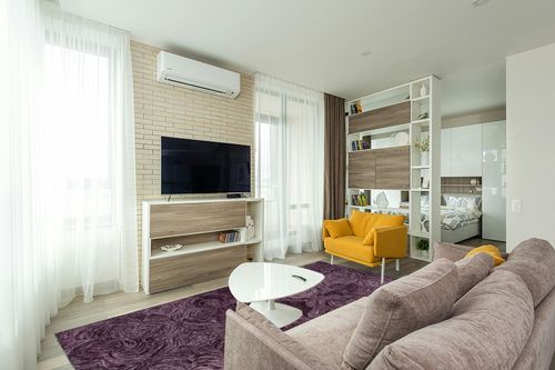 SAFAVIEH Ikat Collection Area Rug - 8' x 10', Purple, Handmade Wool, Ideal for The Living Room, Dining, Bedroom (IKT632V) in Light Modern Living Room with TV