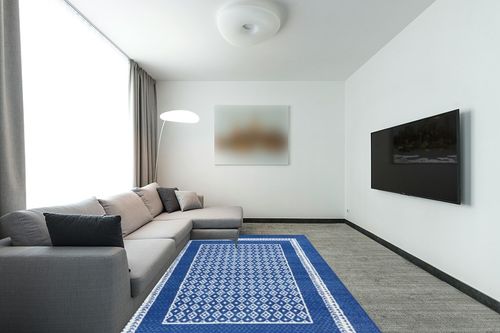HomeRoots 6' X 9' Navy Blue Geometric Dhurrie Area Rug in Modern Living Room with Grey Couch