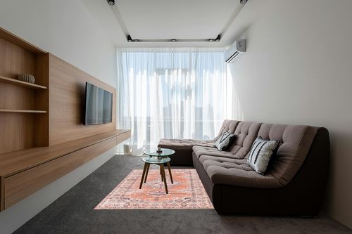 vivorug Washable Rug, Ultra Soft Area Rug 5x7, Non Slip Boho Rug Foldable, Stain Resistant Rugs for Living Room, Persian Tribal Medallion (Orange, 5'x7') in Grey Living Room with Brown Couch