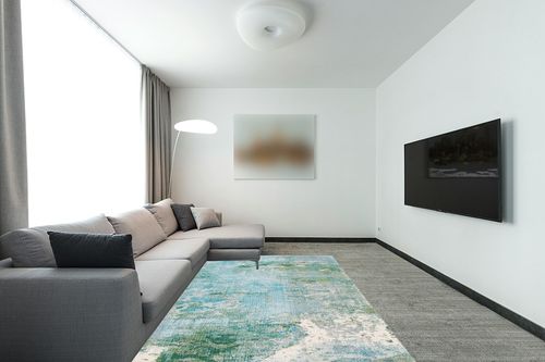 Safavieh Madison Collection Area Rug - 6' x 9', Light Blue & Green, Boho Abstract Design, Non-Shedding & Easy Care, Ideal for High Traffic Areas in Living Room, Bedroom (MAD440J) in Modern Living Room with Grey Couch