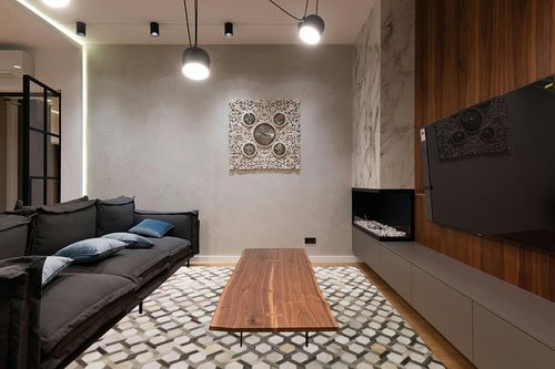 Blackamoor Leather Hide Patchwork Area Rug Handmade Cowhide Contemporary Grey Style (6'x9' ft) in Dark Wood Living Room with Black Couch