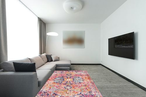 Artistic Weavers Odelia Vintage Bohemian Area Rug,5'3" x 7'3",Aqua & Odelia Vintage Bohemian Area Rug,5'3" x 7'3",Purple/Orange in Modern Living Room with Grey Couch