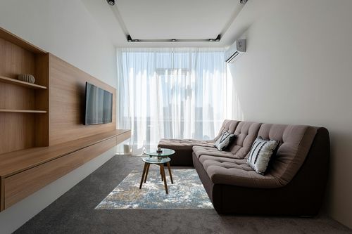 Turquoise Modern Stain Resistant Living Room Area Rug in Grey Living Room with Brown Couch