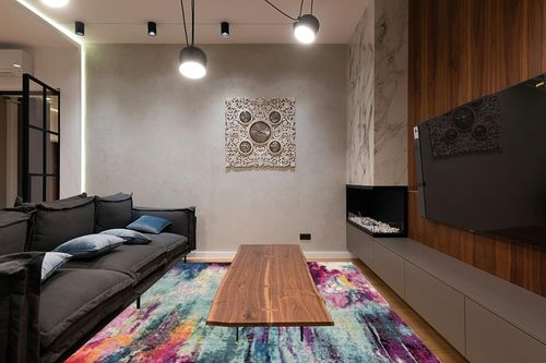 Unique Loom Chromatic Collection Modern Colorful & Vibrant Abstract Area Rug for Any Home Décor, 8 ft x 10 ft, Multi/Light Blue in Dark Wood Living Room with Black Couch