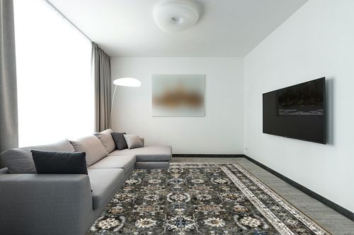 9x12 Area Rugs Living Room Rugs: Large Machine Washable Rug with Non-Slip Backing Stain Resistant Vintage Floral Carpet for Bedroom Dining Room Nursery Home Office - Gray/Black in Modern Living Room with Grey Couch