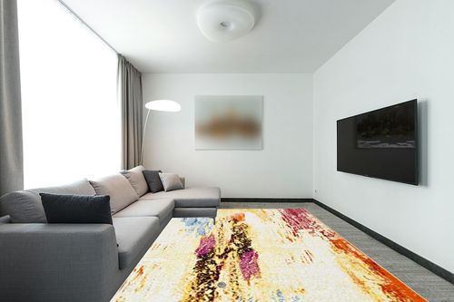 SAFAVIEH Metro Collection Modern Abstract Weathered Watercolor Area Rug, 9' 0" x 12' 0", Ivory/Yellow in Modern Living Room with Grey Couch