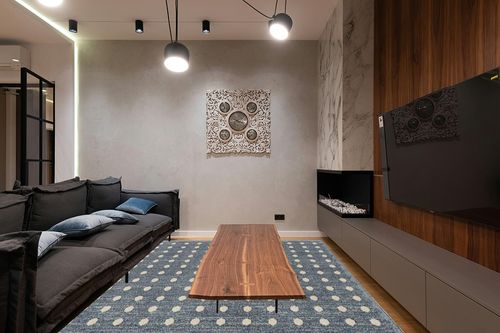 LUXE WEAVERS Modern Geometric Dots Blue 8x10 Area Rug in Dark Wood Living Room with Black Couch