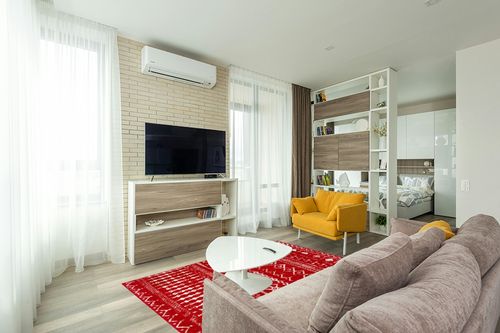 Antep Rugs Bohemian 5x7 Geometric Indoor Area Rug Phoenix, 5'3" x 7', Red in Light Modern Living Room with TV