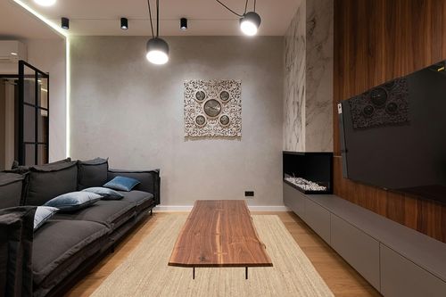 NuLOOM Elijah Farmhouse Seagrass Area Rug, 6' x 9', Beige in Dark Wood Living Room with Black Couch