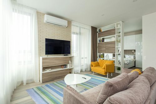 EORC FLX02GN6X9 Hand-Knotted Wool Knotted Striped Rug, 6' x 9', Green in Light Modern Living Room with TV