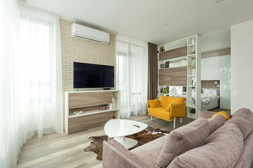 bonanza leathers Genuine Cowhide Rug Classic Tricolor Size S/L/XL 5X6/6X7/7X8 FT (L) in Light Modern Living Room with TV