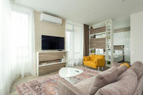 Ultra-Thin Antique Collection Area Rug in Light Modern Living Room with TV