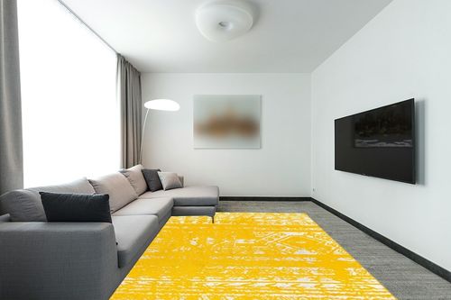 Unique Loom Lennon Collection Area Rug - Zal (7' 10" x 10' Rectangle, Yellow/ Ivory) in Modern Living Room with Grey Couch