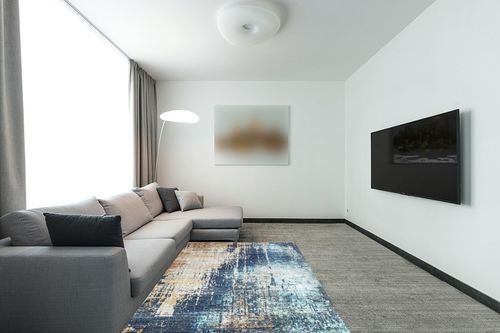 VK VK·LIVING Washable Rug 5x7 Modern Abstract Machine Washable Area Rugs Anti Slip Backing Washable Rugs for Living Room, Bedroom, Home Decor, Blue in Modern Living Room with Grey Couch