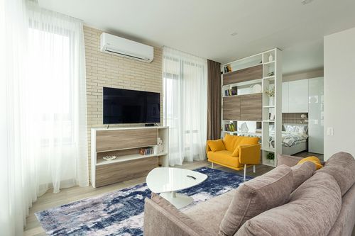 Blue Modern Stain Resistant Living Room, Bedroom, Playroom, Hallway, Dining Room Area Rug in Light Modern Living Room with TV