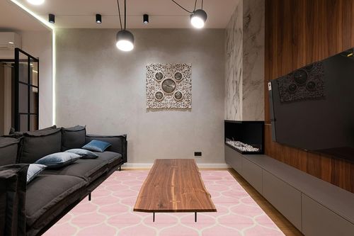 Unique Loom Trellis Frieze Collection Area Rug - Rounded (9' x 12' 2", Light Pink/ Ivory) in Dark Wood Living Room with Black Couch