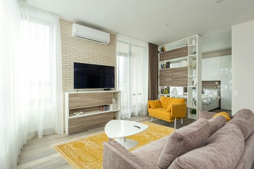 Rugs.com Dover Collection Rug – 5' x 8' Yellow Low-Pile Rug Perfect for Bedrooms, Dining Rooms, Living Rooms in Light Modern Living Room with TV