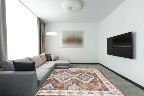 Area Rug Living Room Rugs - 8x10 Large Machine Washable Boho Thin Carpets Vintage Tribal Anti Slip Backing Carpet for Under Dining Table Bedroom Farmhouse Home Office Red in Modern Living Room with Grey Couch