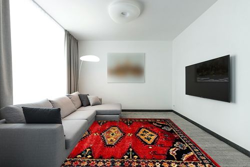 SAFAVIEH Vintage Hamadan Collection Area Rug - 8' x 10', Red & Black, Traditional Oriental Design, Non-Shedding & Easy Care, Ideal for High Traffic Areas in Living Room, Bedroom (VTH251Q) in Modern Living Room with Grey Couch