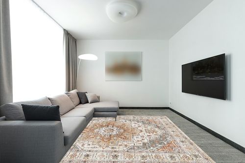 befbee Washable Rug 8x10 Area Rugs for Living Room - Stain Resistant Non-Slip Backing Rugs for Bedroom,Ultra-Thin Vintage Large Area Rug (Turmeric/Grey,8'x10' in Modern Living Room with Grey Couch