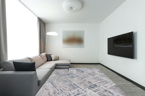 JONATHAN Y SOR201B-8 Slant Modern Abstract Indoor Area-Rug Contemporary Casual Abstract Vintage Easy-Cleaning Bedroom Kitchen Living Room Non Shedding, 8 ft x 10 ft, Gray/Blue in Modern Living Room with Grey Couch