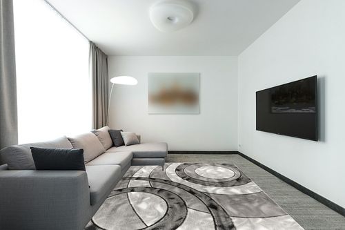 GLORY RUGS Area Rug Modern 8x10 Grey Black Circles Geometry Soft Hand Carved Contemporary Floor Carpet Fluffy Texture for Indoor Living Dining Room and Bedroom Area in Modern Living Room with Grey Couch