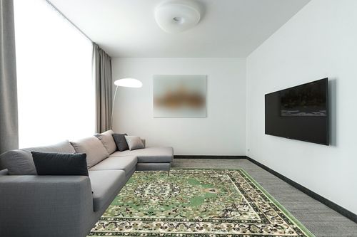 Antep Rugs Oriental 8x10 Traditional Medallion Indoor Area Rug Siesta (Green Beige, 7'10" x 10') in Modern Living Room with Grey Couch