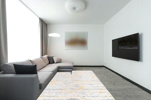 Unique Loom Finsbury Collection Area Rug - Anne (6' 1" x 9' Rectangle, Yellow and Gray/ Ivory) in Modern Living Room with Grey Couch