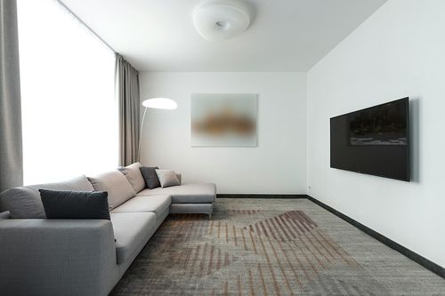 Safavieh Palma Collection Area Rug - 8' x 10', Beige & Light Grey, Mid-Century Modern Geometric Stripe Design, Non-Shedding & Easy Care, Ideal for High Traffic Areas in Living Room, Bedroom (PAM328A) in Modern Living Room with Grey Couch