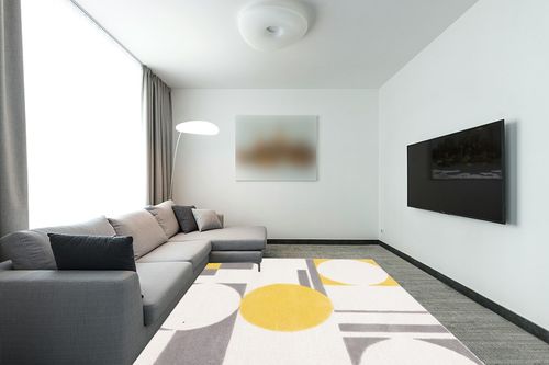 SAFAVIEH Rodeo Drive Collection Area Rug - 8' x 10', Grey & Gold, Handmade Mid-Century Modern Abstract Wool, Ideal for High Traffic Areas in Living Room, Bedroom (RD856D) in Modern Living Room with Grey Couch