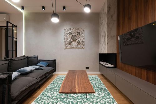 SAFAVIEH Dip Dye Collection Area Rug - 6' x 9', Dark Green & Ivory, Handmade Wool, Ideal for High Traffic Areas in Living Room, Bedroom, Dining (DDY901Y-6) in Dark Wood Living Room with Black Couch