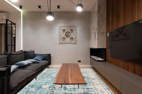 Syalife Washable Rug Vintage Area Rugs, 9'x 12' Living Room Rug with Non Slip Backing, Ultra-Thin Medallion Distressed Non-Shedding Boho Rug, Vintage Floor Mat Indoor Rug (FG04-Blue, 9'x 12') in Dark Wood Living Room with Black Couch