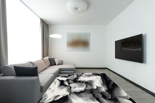Abani Rugs Modern 7'9" x 10'2" Black & White Floral Swirl Area Rug - Contemporary Geometric 3D Rug, Arto Collection in Modern Living Room with Grey Couch