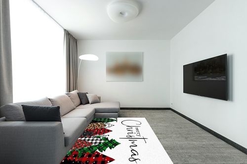 Merry Christmas Area Rug 5 x 8, Washable Bedroom Rug Non-Slip Kitchen Rugs Non Shedding Floor Cover Mat Runner Rug for Living Room Dining Room Outdoor Carpet Christmas Tree Buffalo Plaid Texture in Modern Living Room with Grey Couch
