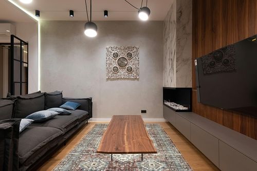 RUGSREAL Area Rug 6x9 Boho Medallion Area Rug Washable Distressed Entry Throw Rug Bohemian Indoor Rug Non-Slip Washable Low Pile Carpet for Entrance Living Room Bedroom Dining Table, Brown,6x9 in Dark Wood Living Room with Black Couch