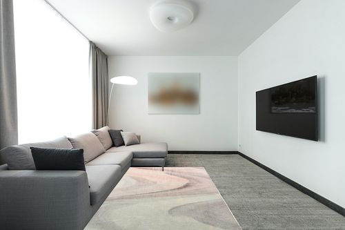 Cinknots Rug Area Rug Imitation Cashmere Carpet Modern Rugs for Living Room Bedroom Corridor Carpet Soft Non-Slip Rug Indoor Carpet Washable Abstract Carpet (Grey/Pink, 5' 3" x 6' 6") in Modern Living Room with Grey Couch