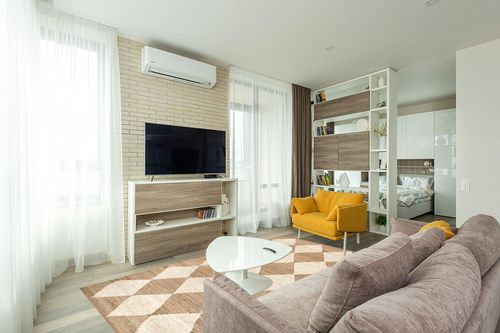 Rugs USA x Arvin Olano Louie Diamond Checkerboard Jute Area Rug, 6x9, Natural in Light Modern Living Room with TV