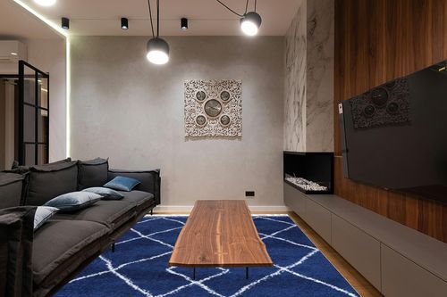 SUPERIOR Indoor Shag Area Rug with Tassels, Perfect for Bedroom, Kitchen, Laundry Room, Entryway, Office, Playroom, Fluffy Carpet Cover, Modern Boho Geometric Diamonds, 8' x 10', Cream-Blue in Dark Wood Living Room with Black Couch