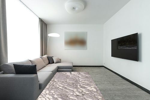 SAFAVIEH Restoration Vintage Collection Area Rug - 5' x 8', Purple & Ivory, Handmade Modern Abstract Wool & Viscose, Ideal for High Traffic Areas in Living Room, Bedroom (RVT112V) in Modern Living Room with Grey Couch