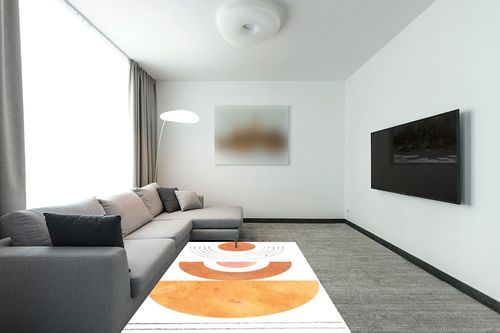 MeganJDesigns White Orange Mid-Century Modern Minimalist Wool Area Rug 5x7 Washable Soft Country Rustic Rug for Living Room Bedroom Dining Room Indoor Art Deco Home Office Plush Throw Rug in Modern Living Room with Grey Couch