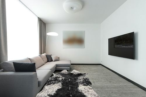 Luxe Faux Cowhide Rug for Rustic and Western Decor | Low Pile Faux Fur Rug with Salt/Pepper Black + White Cow Print | Cruelty-Free Fade Resistant Living Room Rugs | 5-1/4 x 7-1/2 ft in Modern Living Room with Grey Couch