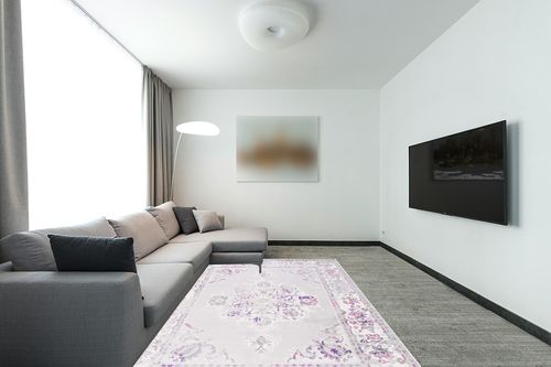 SAFAVIEH Skyler Collection 6' x 9' Grey / Pink SKY169P Distressed Medallion Non-Shedding Living Room Bedroom Dining Home Office Area Rug in Modern Living Room with Grey Couch