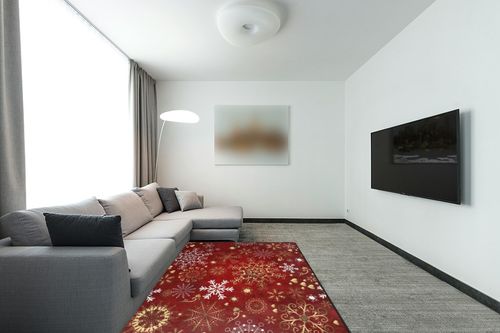 ALAZA Christmas Red Gold and White Snowflake Winter Area Rug Rugs for Living Room Bedroom 7' x 5' in Modern Living Room with Grey Couch